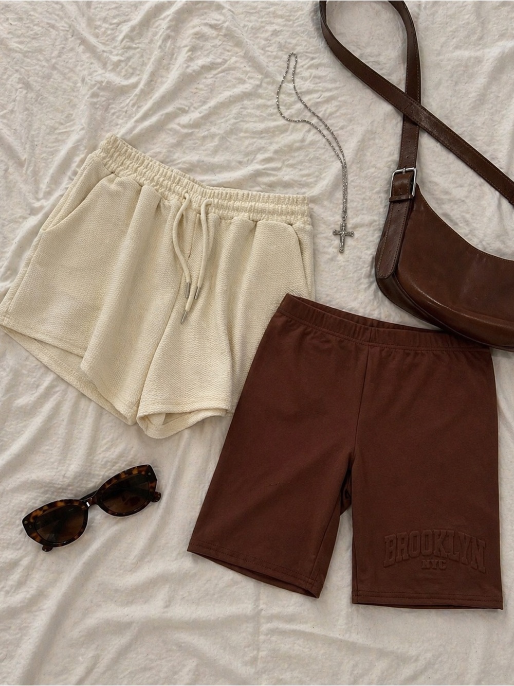 Brooklyn Embossed Brown Biker Shorts & Cream Textured Lounge Shorts